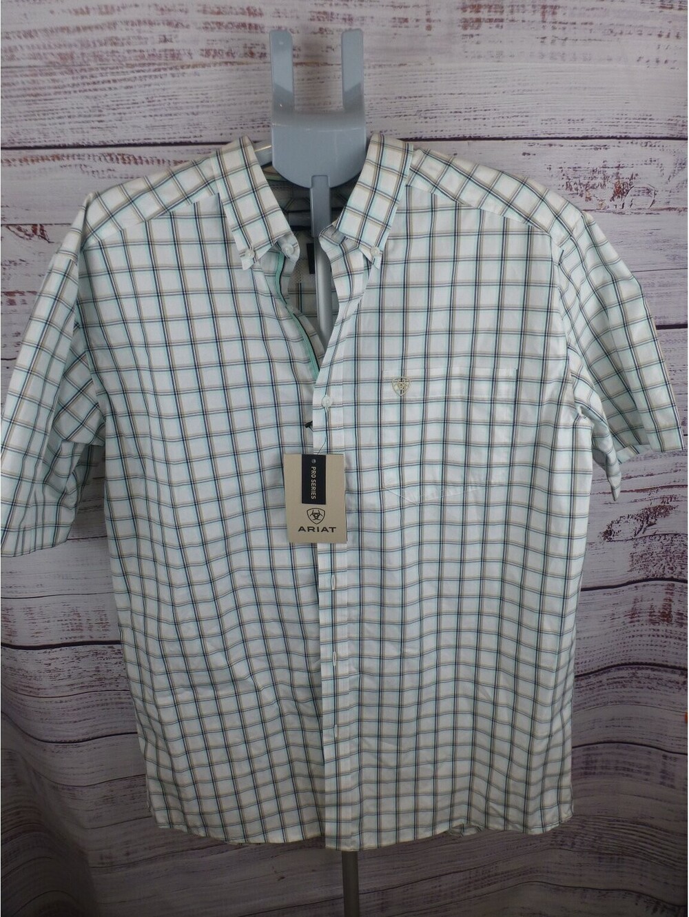 NWT Ariat Men's L Pro Series Classic Fit Plaid Button Down Shirt White Blue - J4